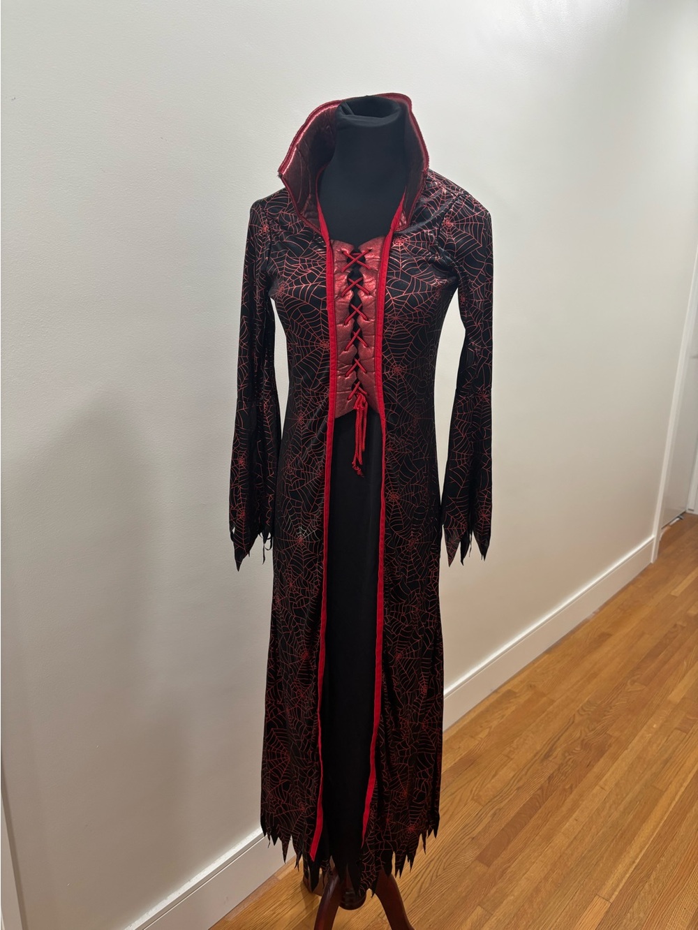 1009. Black & Red Lace-Up Gothic Long Coat costume (Child Large)